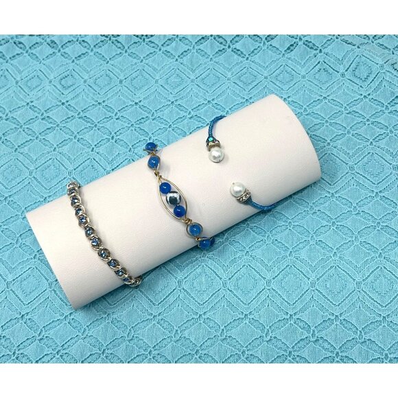 3 Vintage 1990s Handcrafted Blue Beaded & Wire Wrapped Bracelets - Picture 1 of 6